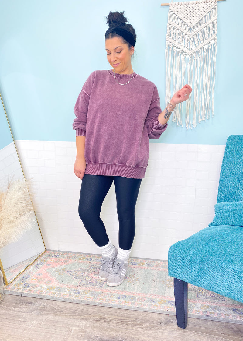 'Staying In' Eggplant Vintage Washed Sweatshirt-The unique cable knit balloon sleeves elevates this black sweater and allows you to dress it up or wear super casual. This amazingly soft sweater will be a new fav.-Cali Moon Boutique, Plainville Connecticut