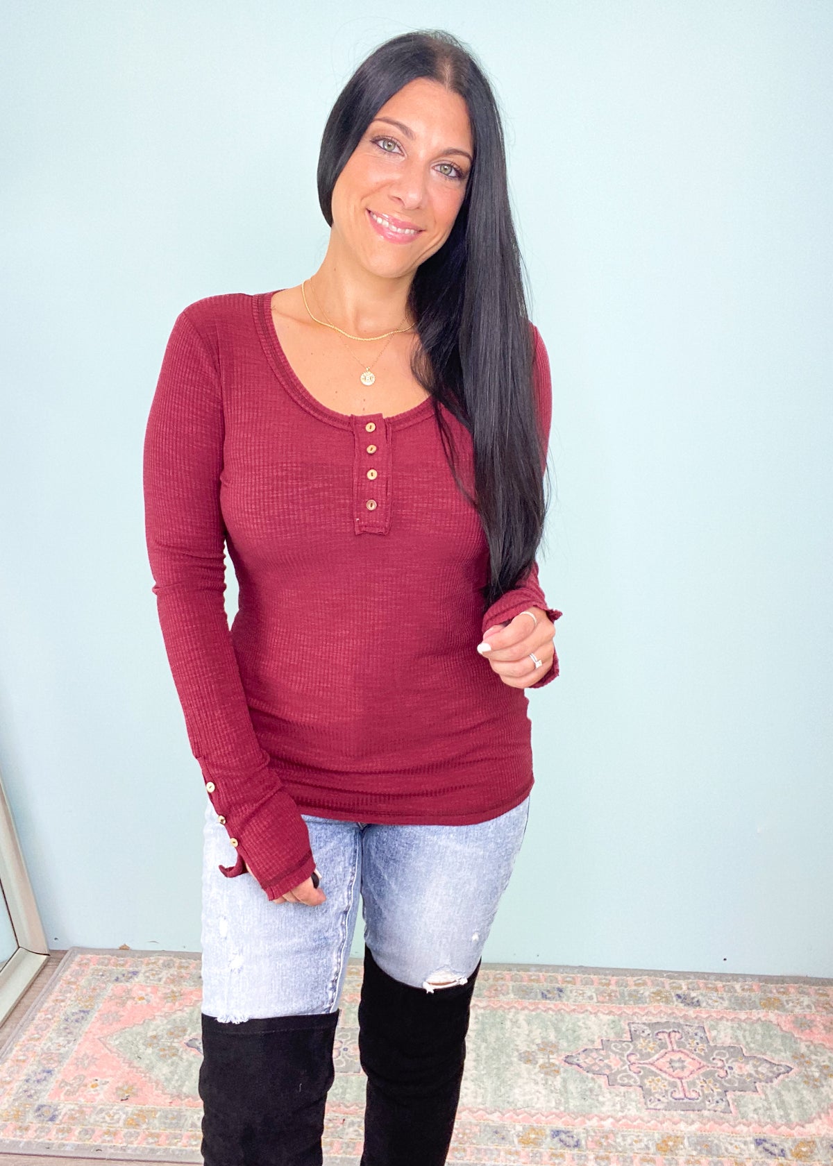 'Lee' Deep Burgundy Ribbed Henley Top-This ribbed fitted top is a perfect layering piece for all your Fall outfits and looks just as cute on it's own. It has lots of details making it an elevated basic. The gorgeous rich deep burgundy color is perfect for cooler days ahead and pairs well with all the Fall neutrals! -Cali Moon Boutique, Plainville Connecticut