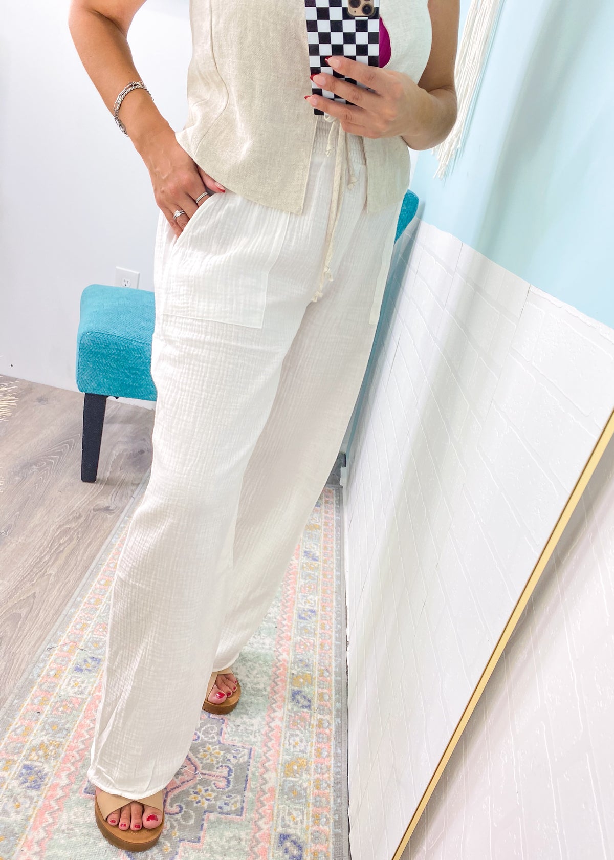 'Beachcomber' White Gauze Lightweight Wide Leg Pants-These white gauze pants with be your beach and Summer go to from now on! They are the perfect lightweight fabric to wear on warm days and cool nights alike. You can even dress them up for a chic look!-Cali Moon Boutique, Plainville Connecticut