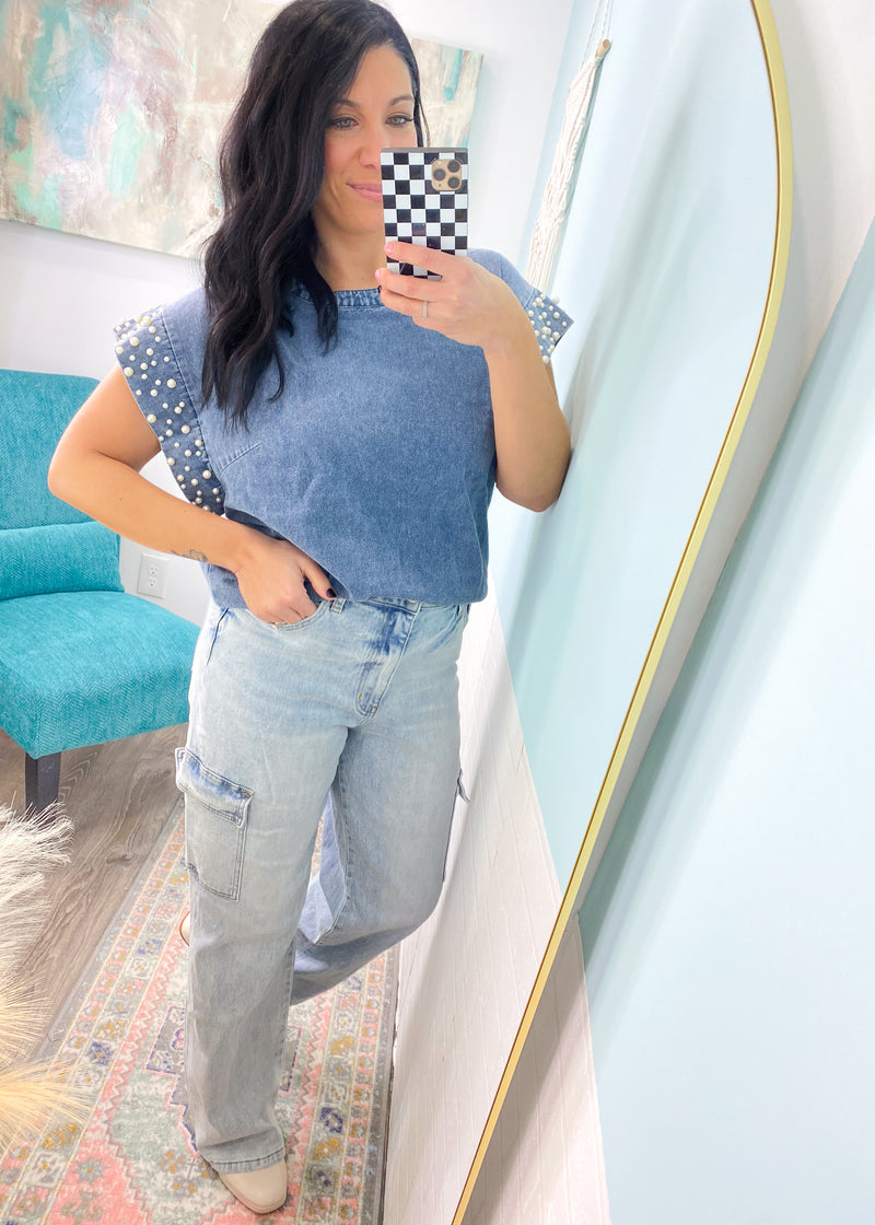 'One of a Kind' Chambray Top with Pearl Trim Sleeves-Unique & adorable, this chambray top pairs well with black jeans, white pants, colored jeans, leggings and other shades of denim! The pearl trim sleeves are sure to be a conversation starter and will add a little glam to your closet!-Cali Moon Boutique, Plainville Connecticut