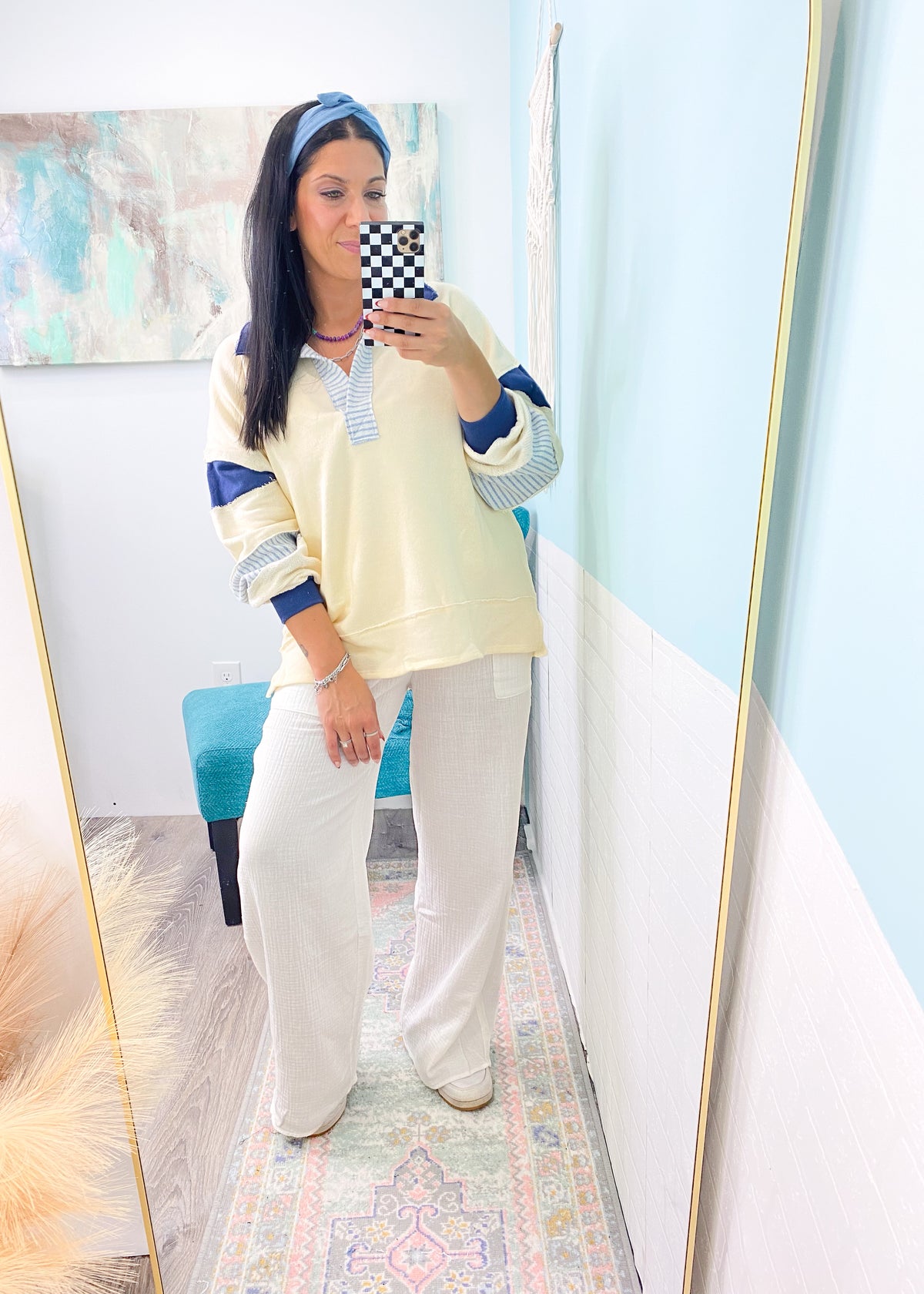 'Tidal Wave' Cream & Blue Oversized French Terry Sweatshirt-Feeling all the coastal vibes in this french terry sweatshirt. It features mixed fabrics and prints, a collar, an oversized fit and the perfect weight for multiple seasons!-Cali Moon Boutique, Plainville Connecticut