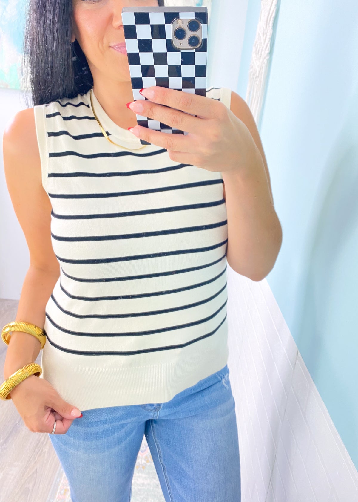 'The Boardwalk' Ivory & Black Stripe Knit Sleeveless Top-This striped knit tank is the definition of effortlessly chic! The soft and luxurious knit fabric is perfect to dress up or wear casual. A great layering top for work &amp; Summer time staple!-Cali Moon Boutique, Plainville Connecticut