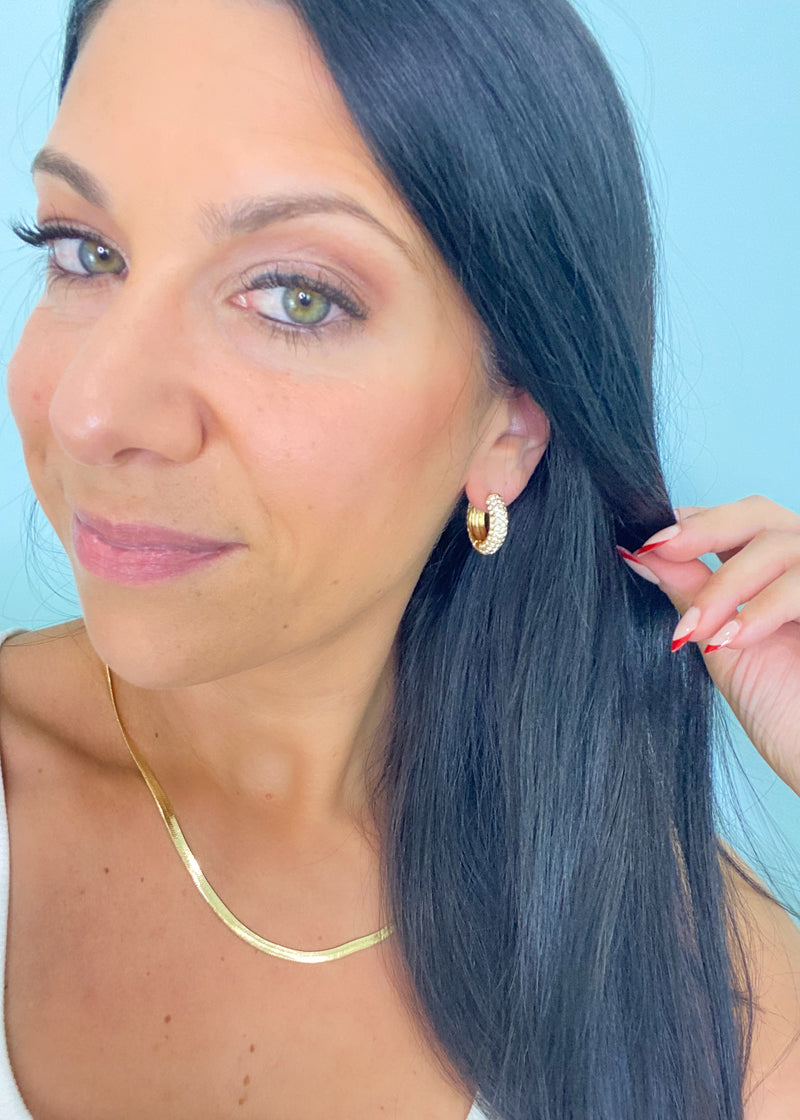 'Darling' Gold with Crystal Huggie Earrings-Blingy and chis crystal filled huggie earrings that can be dressed up or down!-Cali Moon Boutique, Plainville Connecticut