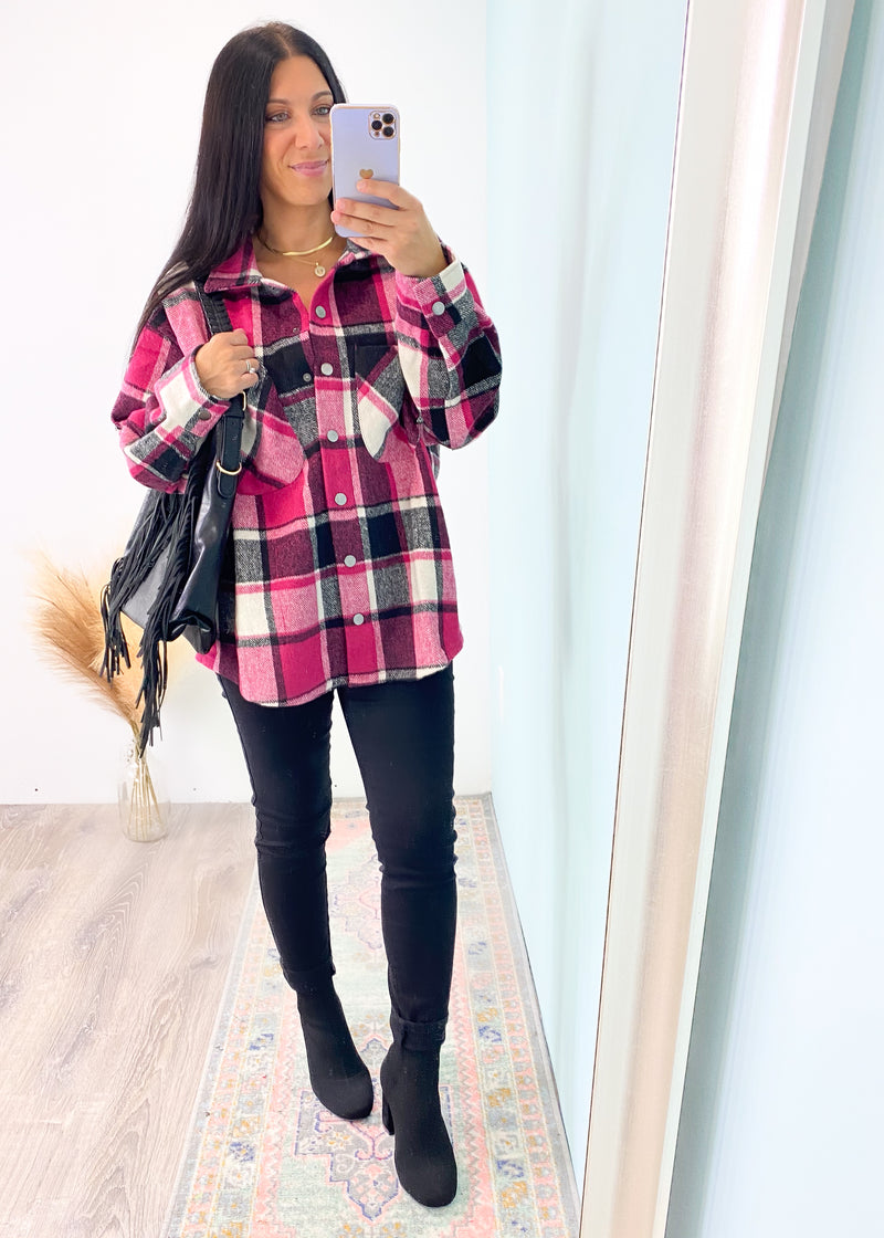 Magenta & Black Plaid Flannel Shacket-This shacket isn't like the other Fall shackets! It features a striking black, magenta & white plaid. The flannel outer fabric thick enough to keep you warm as a jacket, but can still be worn tucked in as a top. A unique Fall piece! -Cali Moon Boutique, Plainville Connecticut