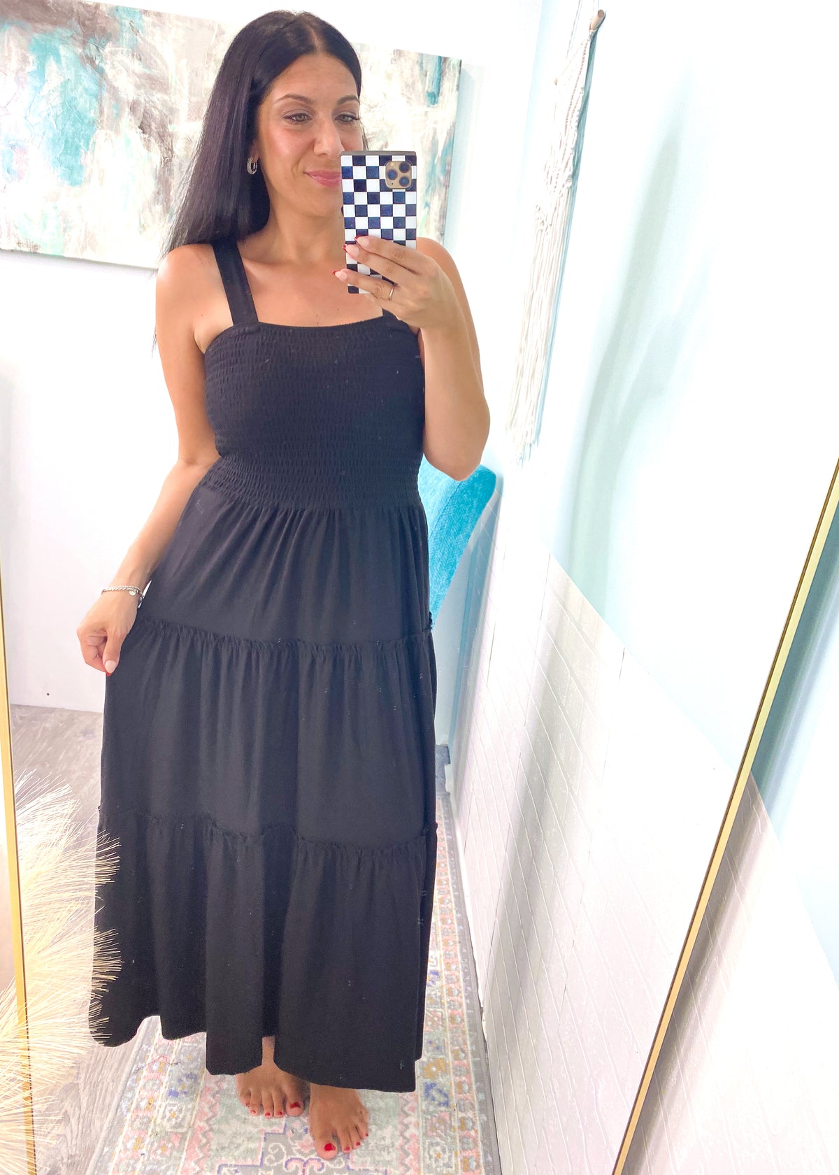 'High Tide' Black Smocked Tiered Midi Dress-Easy, breezy! It doesn't get any easier to put an outfit together than this black smocked top midi dress. It's flowy and can be layered with your favorite button front tops/jackets. Dress it up or wear casual with sneakers &amp; sandals!-Cali Moon Boutique, Plainville Connecticut