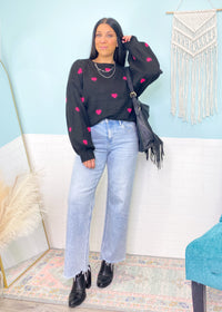 'All My Heart' Black Oversized Sweater with Hot Pink Mini Hearts-You will love the softness of this sweater with all your heart! It has tons of stretch with a&nbsp; soft "fluffy" sweater fabric and pops of hot pink hearts on front and back. Perfect for Valentine's Day or any day you need a warm sweater hug!-Cali Moon Boutique, Plainville Connecticut