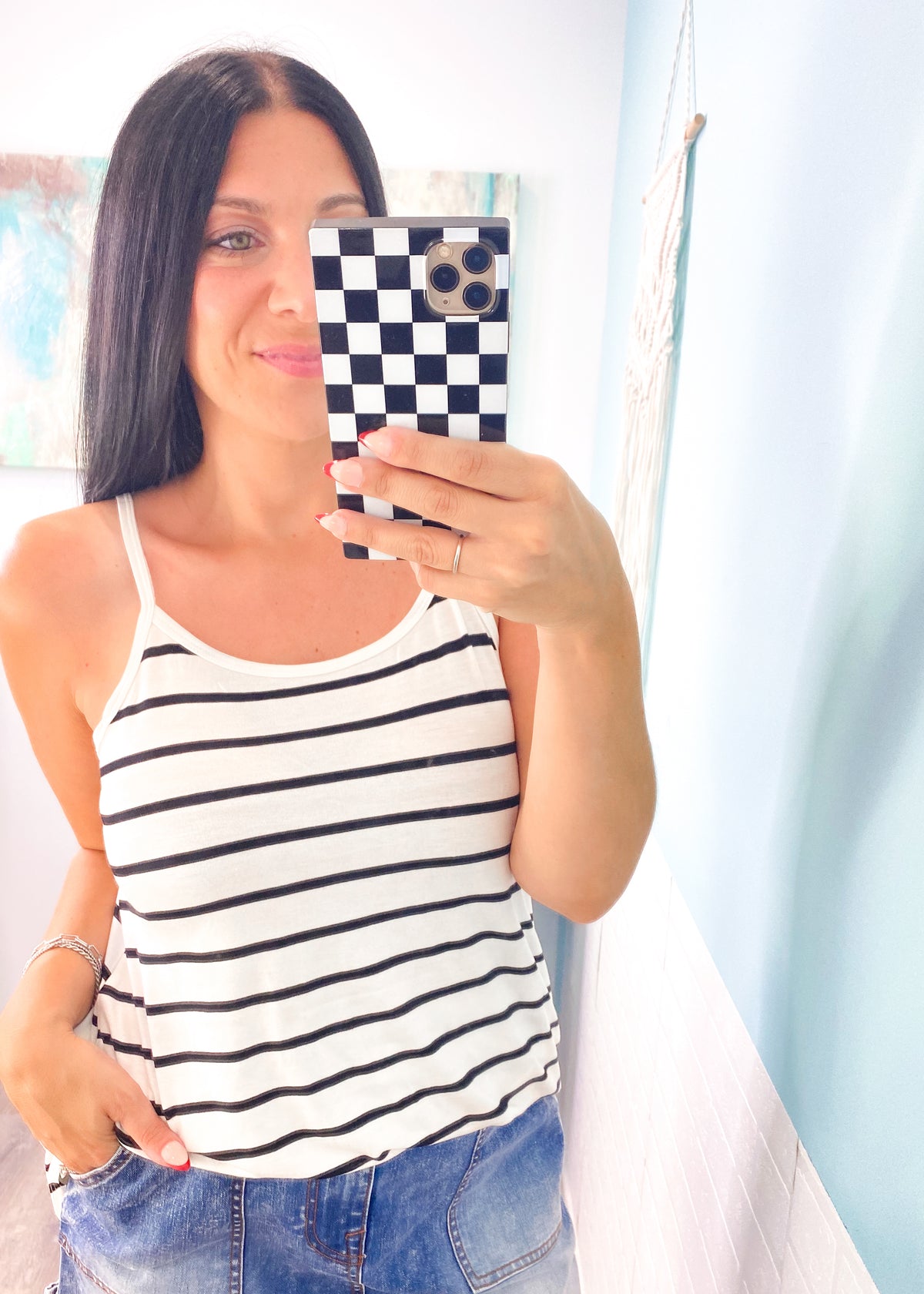 'Breezeway' Ivory & Black Stripe Reversible Cami Tank-Airy and breezy, this adorable tank in classic ivory &amp; black stripe colors is perfect to throw on and go all Summer. Wear the v-neck or scoop neck front for different looks. Tuck in or wear untucked. Great to lay or wear alone.-Cali Moon Boutique, Plainville Connecticut