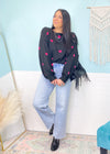 'All My Heart' Black Oversized Sweater with Hot Pink Mini Hearts-You will love the softness of this sweater with all your heart! It has tons of stretch with a&nbsp; soft "fluffy" sweater fabric and pops of hot pink hearts on front and back. Perfect for Valentine's Day or any day you need a warm sweater hug!-Cali Moon Boutique, Plainville Connecticut