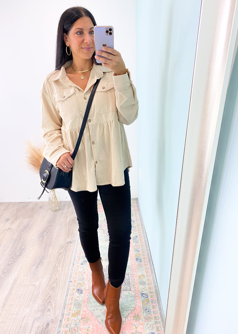 Cream Corduroy Babydoll Top-This corduroy babydoll top is unique, comfortable and can be worn a few different ways! The neutral cream color can be worn with all the rich hues of Fall, all shades of denim and black! It's also work friendly! Wear it as a buttoned up top or layering piece.-Cali Moon Boutique, Plainville Connecticut
