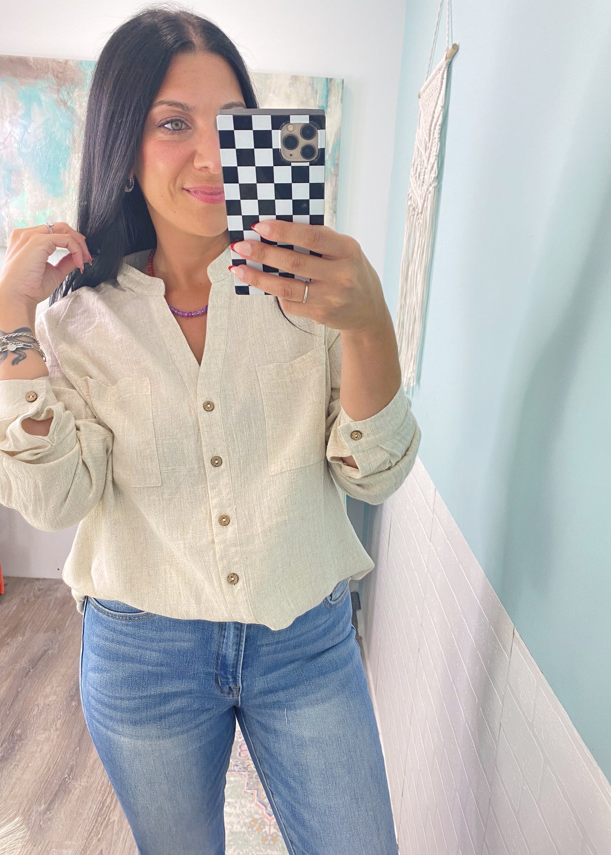 'By the Bay' Oatmeal Linen Button Down Shirt-This linen button front top is perfection for cool beach nights and Fall days! You can dress this up or down, wear it as a layering piece and it's also work friendly!-Cali Moon Boutique, Plainville Connecticut