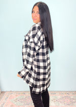 Gray & Black Buffalo Plaid Longline Oversized Shirt-Buffalo plaids are basically a Fall uniform! This black and gray buffalo plaid oversized shirt has a long length style with pockets and buttons that can be worn so many ways (see pics for inspo). A fall must have!-Cali Moon Boutique, Plainville Connecticut