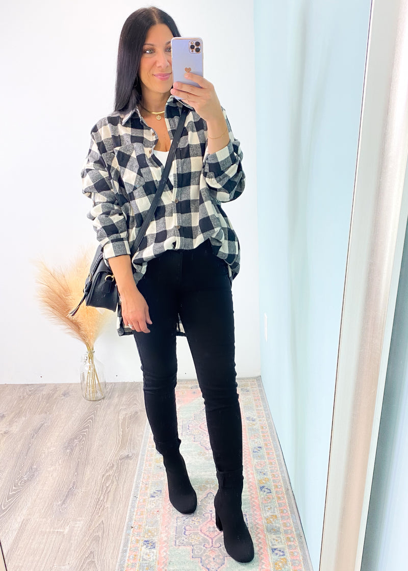 Gray & Black Buffalo Plaid Longline Oversized Shirt-Buffalo plaids are basically a Fall uniform! This black and gray buffalo plaid oversized shirt has a long length style with pockets and buttons that can be worn so many ways (see pics for inspo). A fall must have!-Cali Moon Boutique, Plainville Connecticut