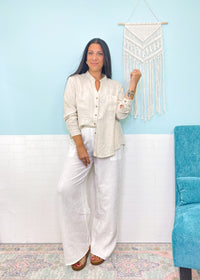 'By the Bay' Oatmeal Linen Button Down Shirt-This linen button front top is perfection for cool beach nights and Fall days! You can dress this up or down, wear it as a layering piece and it's also work friendly!-Cali Moon Boutique, Plainville Connecticut