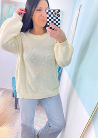 'Center of Attention' Cream Lightweight Sweater with Pearl Details-This neutral color cream sweater is lightweight with the prettiest pearl front details! Great for Fall, Winter and Spring transition. Elevated casual sweater that can be dressed up or worn casual.-Cali Moon Boutique, Plainville Connecticut