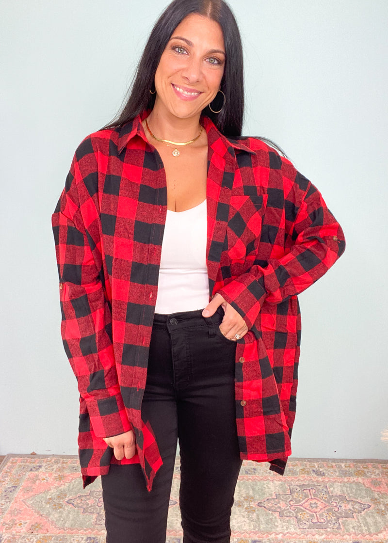Red & Black Buffalo Plaid Longline Oversized Shirt-Buffalo plaids are basically a Fall uniform! This red and gray buffalo plaid oversized shirt has a long length style with pockets and buttons that can be worn so many ways (see pics for inspo). A fall must have!-Cali Moon Boutique, Plainville Connecticut