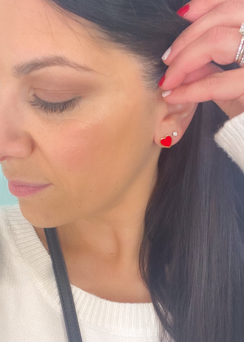 Mini Red Heart Studs-Add a little love to your look with these adorable red heart shaped studs with a gold outline!-Cali Moon Boutique, Plainville Connecticut