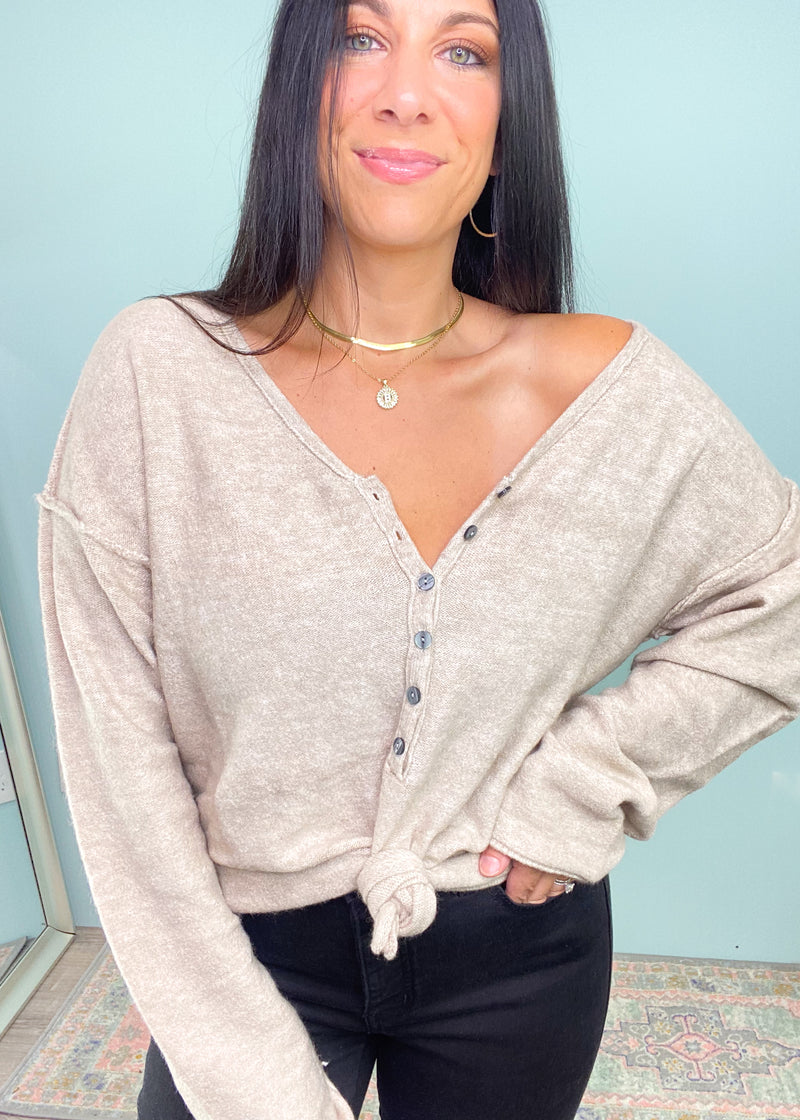 Oatmeal Henley Button Down Soft Sweater-This oatmeal soft sweater is guaranteed to be one of your new Fav Fall rotation sweaters! It features the softest fabric with stretch to be worn tucked in, out or knotted. The functional henley buttons can be worn buttoned or unbuttoned for different looks from day to night. Also looks cute off the shoulder! -Cali Moon Boutique, Plainville Connecticut