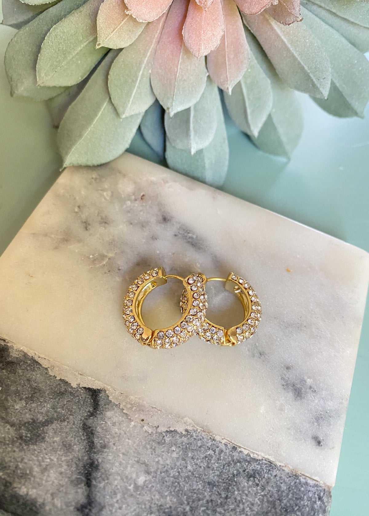 'Darling' Gold with Crystal Huggie Earrings-Blingy and chis crystal filled huggie earrings that can be dressed up or down!-Cali Moon Boutique, Plainville Connecticut