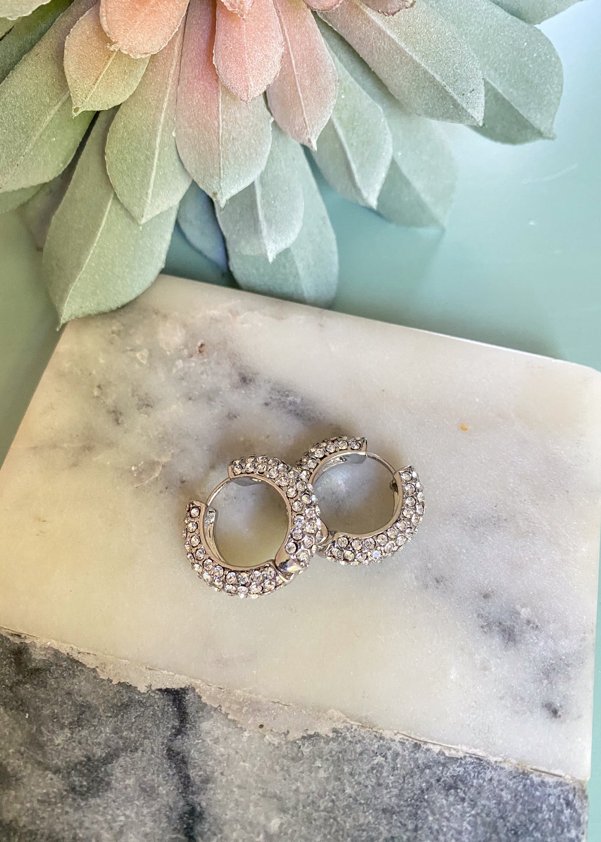 'Darling' Silver with Crystal Huggie Earrings-Blingy and chis crystal filled huggie earrings that can be dressed up or down!-Cali Moon Boutique, Plainville Connecticut
