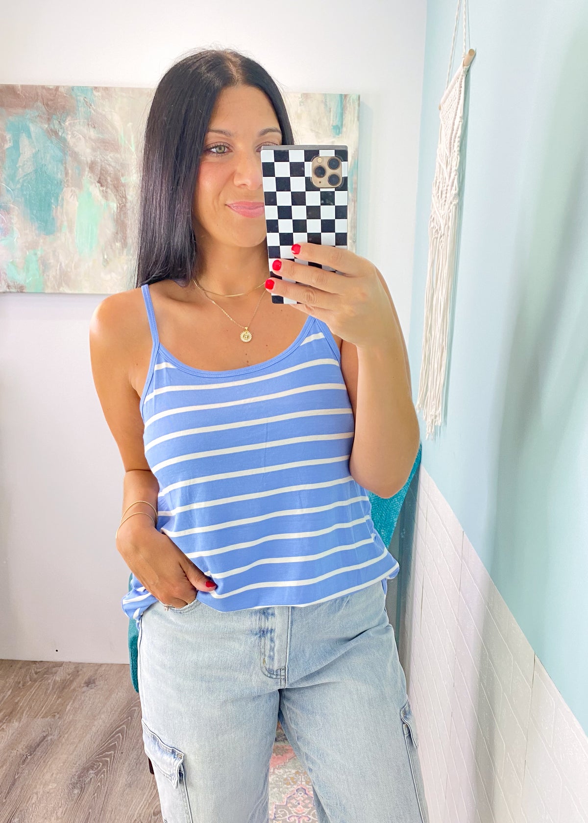 'Breezeway' Light Blue & White Stripe Reversible Cami Tank-Airy and breezy, this adorable tank in soft blue and white stripe colors is perfect to throw on and go all Summer. Wear the v-neck or scoop neck front for different looks. Tuck in or wear untucked. Great to lay or wear alone.-Cali Moon Boutique, Plainville Connecticut