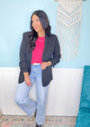 'Dream Date' Black Ruched Sleeve Blazer-Chic, comfortable and functional! Wear this classic blazer all year paired with any shade of denim, white jeans, shorts, linen pants and more. Add a neutral color or another pop color top underneath.-Cali Moon Boutique, Plainville Connecticut