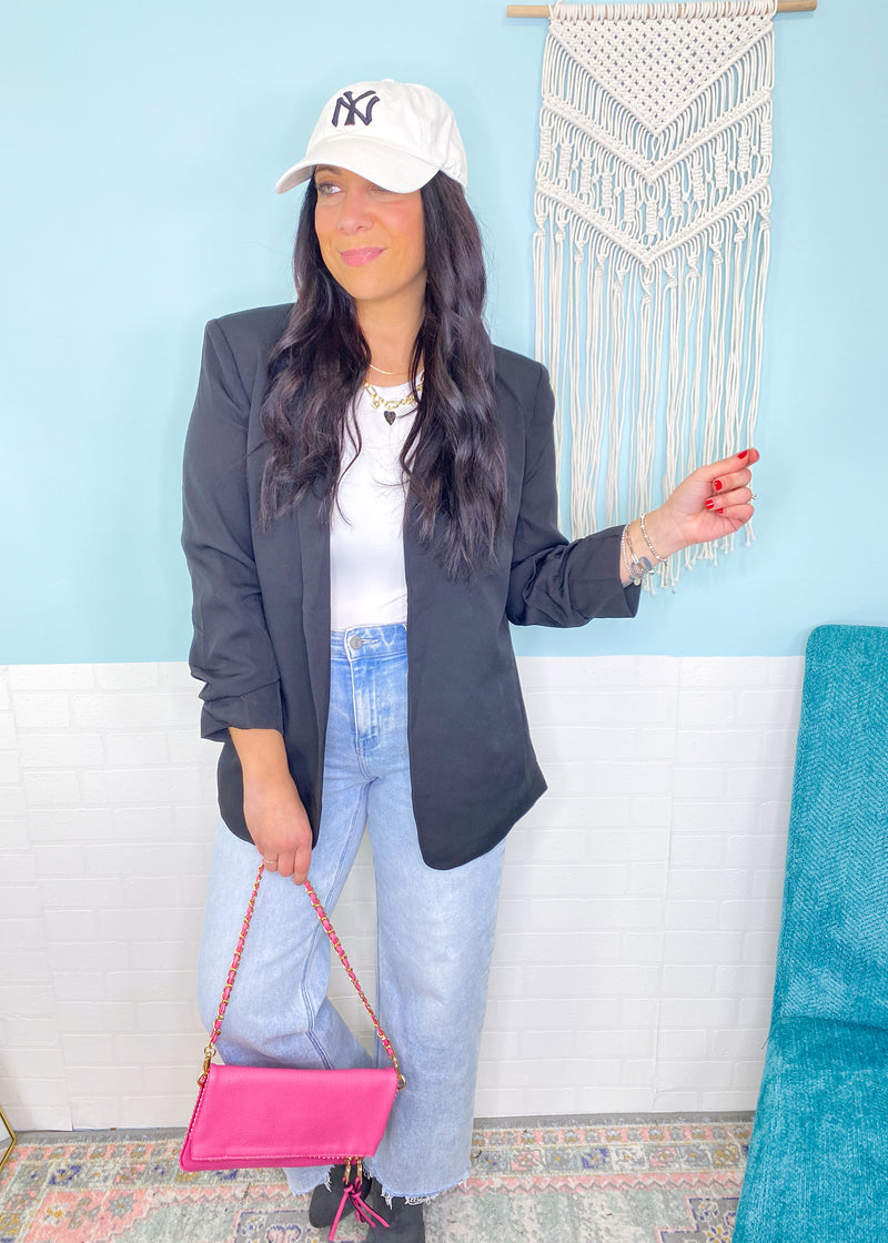 'Dream Date' Black Ruched Sleeve Blazer-Chic, comfortable and functional! Wear this classic blazer all year paired with any shade of denim, white jeans, shorts, linen pants and more. Add a neutral color or another pop color top underneath.-Cali Moon Boutique, Plainville Connecticut