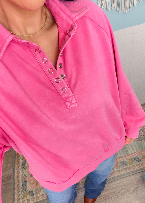 'Petra' Bubblegum Pink Vintage Washed Snap Button Pullover-An everyday staple with personality! The vintage washed fabric is super soft and cozy. The relaxed fit is an easy throw on and go with jeans and leggings perfect for Spring transition but also can be worn in Fall/Winter!-Cali Moon Boutique, Plainville Connecticut
