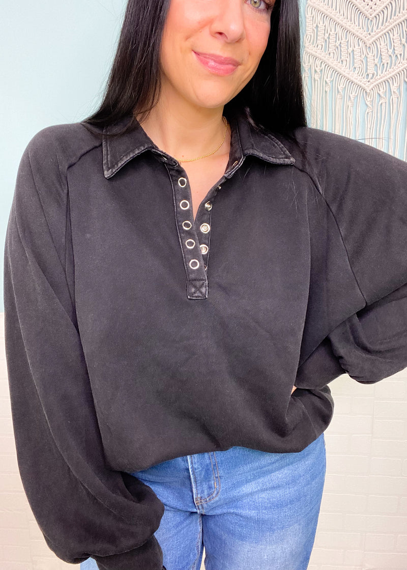 'Petra' Black Vintage Washed Snap Button Pullover-An everyday staple with personality! The vintage washed fabric is super soft and cozy. The relaxed fit is an easy throw on and go with jeans and leggings perfect for Spring transition but also can be worn in Fall/Winter!-Cali Moon Boutique, Plainville Connecticut