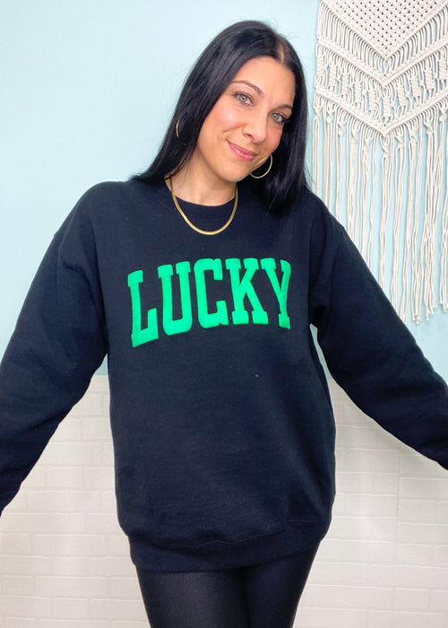 'Lucky' Black with Green Puff Print Sweatshirt-Feeling lucky?! This sweatshirt has a unique puff print design. The green puff print on black is a striking color combo! Perfect for St. Patrick's Day or any time of the year!-Cali Moon Boutique, Plainville Connecticut