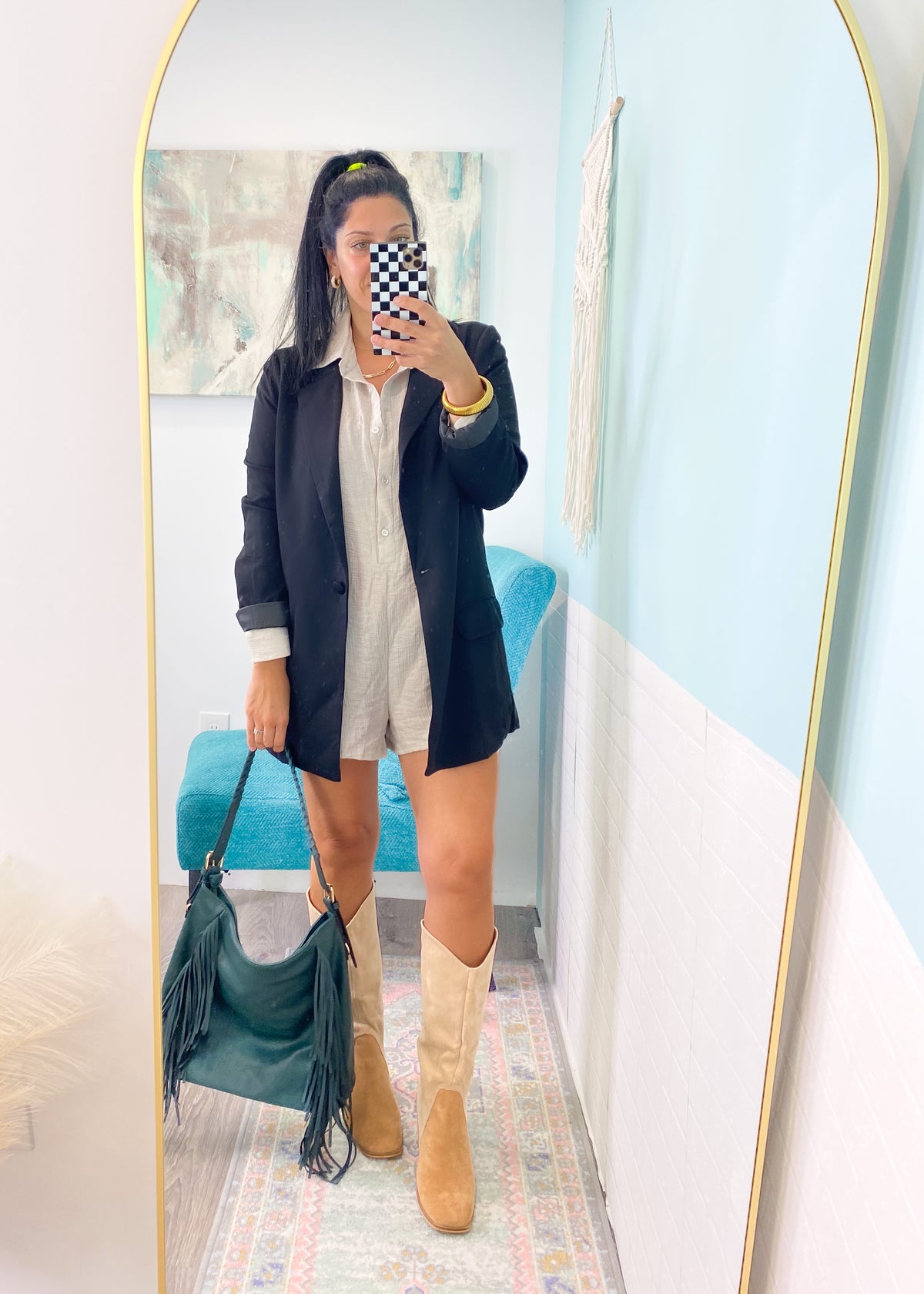 'All for One' Taupe Textured Long Sleeve Romper-This long sleeve romper features a lightweight, semi sheer fabric that is perfect for beach days or layered with blazers, cardigans, shackets &amp; more! Make it Summer day chic or Fall night out worthy.-Cali Moon Boutique, Plainville Connecticut