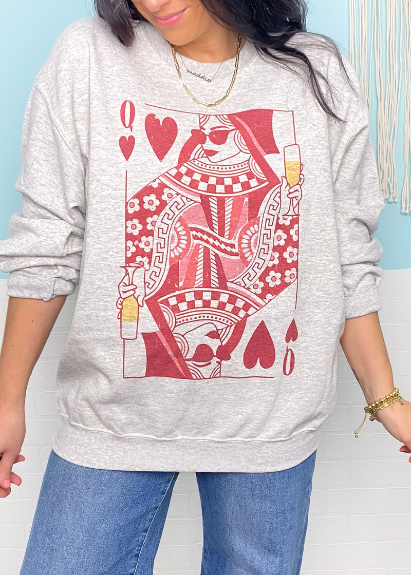 'Queen of Hearts Happy Hour' Ash Gray Sweatshirt-This Queen of Hearts is ready for your fav brunch or happy hour with her sunglasses and glass of champagne! The 2025 fun version of the Queen!&nbsp;-Cali Moon Boutique, Plainville Connecticut