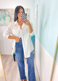 'Milan' White Oversized Boyfriend Fit Button Down Shirt-An oversized version of a white classic button down is just what we need this Fall! So many ways to style this: Tucked in, half tucked, sleeves rolled, opened with a bandeau, under a blazer or vest, front tied and so much more! Perfect for work and after hours!-Cali Moon Boutique, Plainville Connecticut