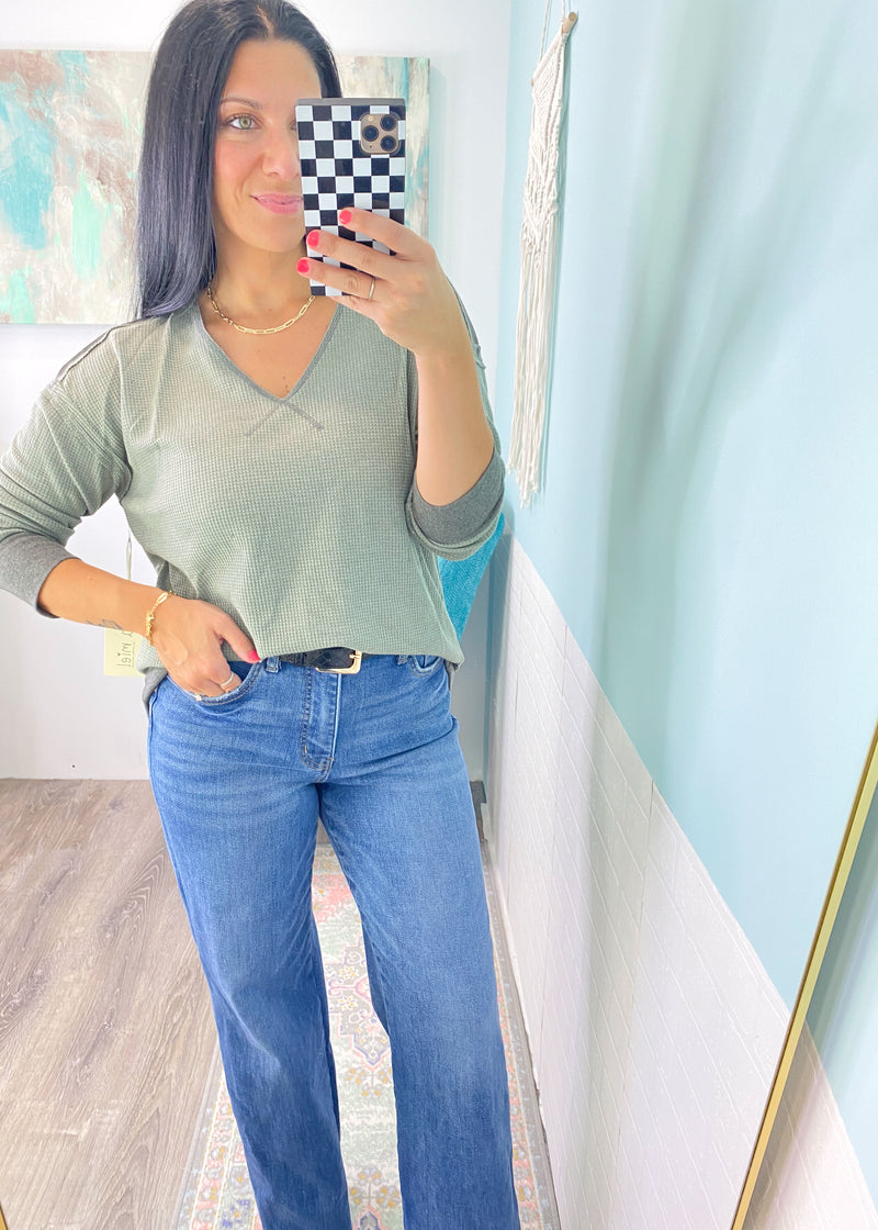 'Gianna' Gray Olive Ultra Soft Contrast Knit Top-This casual knit top has the softest &amp; coziest fabric you will want to live in! It features a soft waffle knit body with contrast heather charcoal knit trims. Wear it super casual or with jeans for a casual night out.-Cali Moon Boutique, Plainville Connecticut