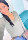 'Gianna' Gray Olive Ultra Soft Contrast Knit Top-This casual knit top has the softest &amp; coziest fabric you will want to live in! It features a soft waffle knit body with contrast heather charcoal knit trims. Wear it super casual or with jeans for a casual night out.-Cali Moon Boutique, Plainville Connecticut