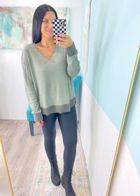 'Gianna' Gray Olive Ultra Soft Contrast Knit Top-This casual knit top has the softest &amp; coziest fabric you will want to live in! It features a soft waffle knit body with contrast heather charcoal knit trims. Wear it super casual or with jeans for a casual night out.-Cali Moon Boutique, Plainville Connecticut