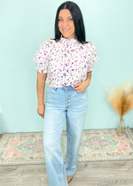 'High Bloom' White/Lavender Floral Mock Neck Top-Cali Moon Boutique, Plainville Connecticut