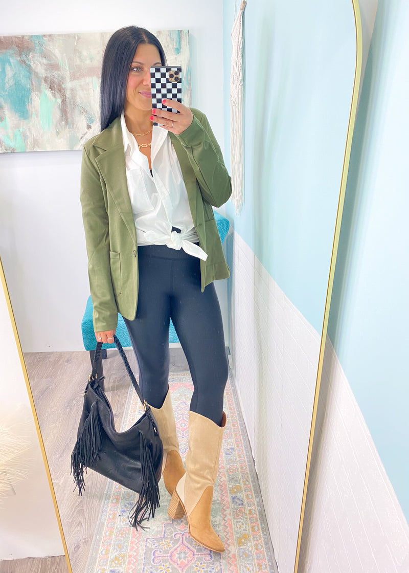 'Day Dreamer' Olive Boyfriend Fit Knit Blazer-Too many blazers is not a thing! This olive knit blazer is not only adorable but comfy as can be! It's perfect for office days and chic nights.&nbsp;-Cali Moon Boutique, Plainville Connecticut