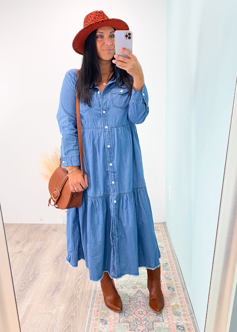 'Fair Grounds' Chambray Midi Dress-Can it get any cuter than this chambray denim midi dress?! This dress is the perfect weight fabric for both Fall & Spring! Style with boots, sneakers and sandals! Add a leather jacket or a belt & layered necklaces, large brimmed hat and more for so many different looks.-Cali Moon Boutique, Plainville Connecticut