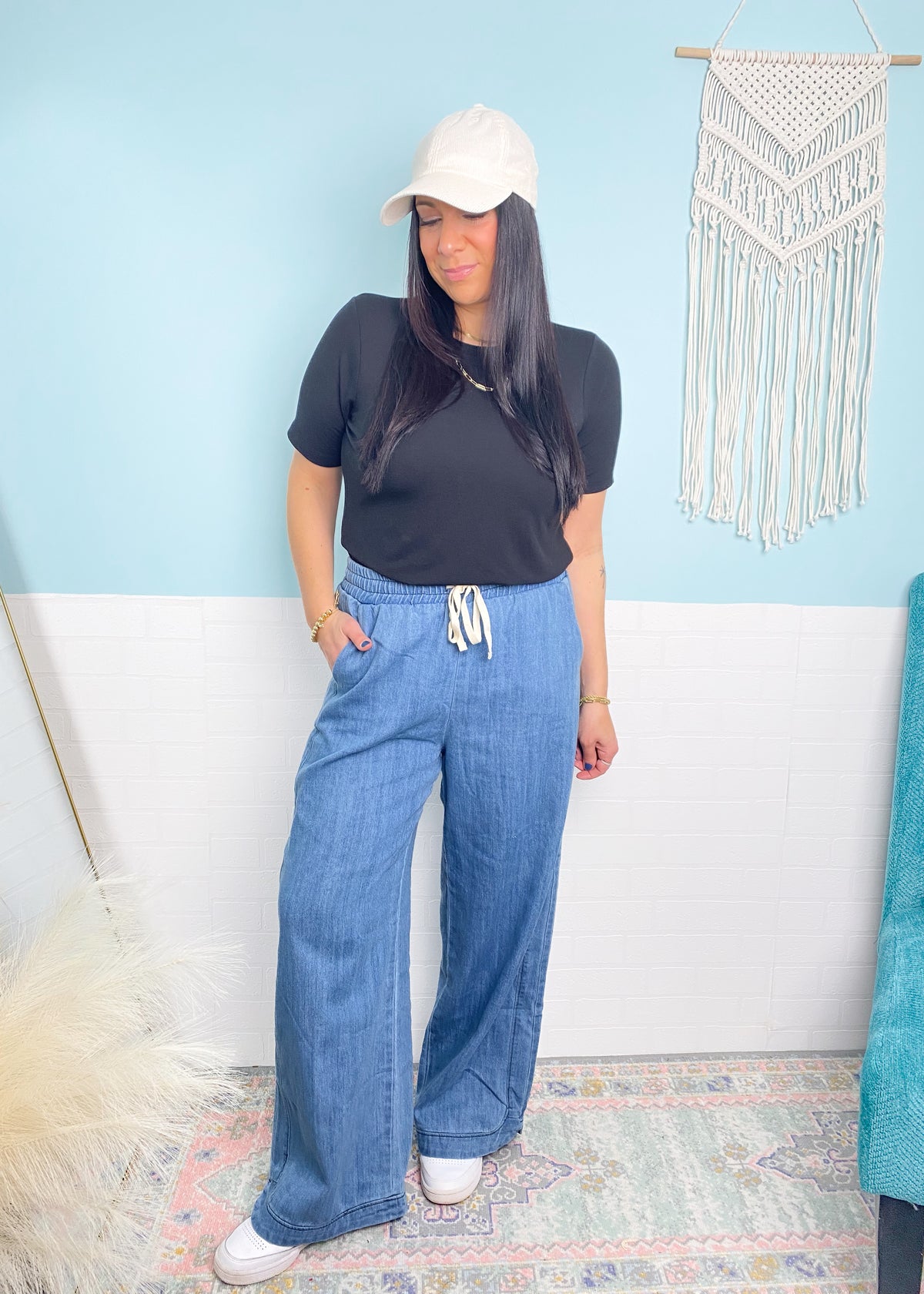 'Santa Monica' Chambray Drawstring Cropped Wide Leg Pants- Three Bird Nest-From the Three Bird Nest Brand! These slouchy, wide leg chambray pants are every casual loving girl's dream! They feature a super soft and moveable chambray denim fabric, comfortable elastic waistband, a boho baggy fit without being too oversized and adorable attention to detail additions like the panel side and scalloped leg opening. We dare you to not want to wear them daily!-Cali Moon Boutique, Plainville Connecticut