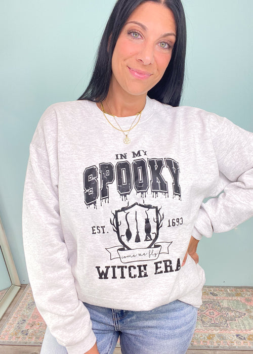'In My Spooky Witch Era' Ash Heather Gray Crew Neck Sweatshirt-Who else is in their Spooky Witch Era?! This casual and cozy sweatshirt is good for Fall or whenever you're feeling a little witchy!-Cali Moon Boutique, Plainville Connecticut
