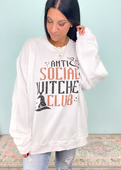 'Anti Social Witches Club' White Oversized Sweatshirt-Anti Social Witches Club. For the Witches that just want to be left alone! Perfectly oversized and cozy graphic sweatshirt. -Cali Moon Boutique, Plainville Connecticut