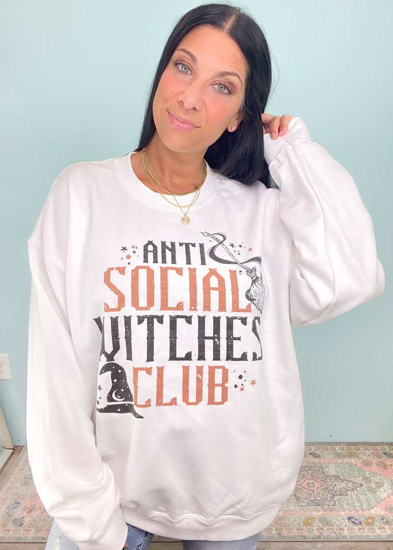 'Anti Social Witches Club' White Oversized Sweatshirt-Anti Social Witches Club. For the Witches that just want to be left alone! Perfectly oversized and cozy graphic sweatshirt. -Cali Moon Boutique, Plainville Connecticut