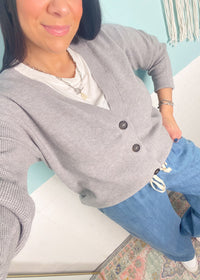 'Sabrina' Heather Gray Button Front Soft Cardigan-A classic cardigan in a perfect year 'round Heather Gray color. Wear layered or alone for in and out of the office looks. You have to feel the ultra soft fabric to believe it!-Cali Moon Boutique, Plainville Connecticut