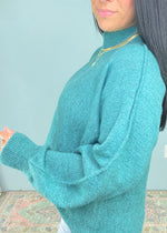 'Mabel' Mermaid Green Mock Neck Balloon Sleeve Soft Sweater-We love a classic throw on and go sweater! This super soft to the touch sweater has a chic mock neck, balloon sleeves and raised seams for added detail. The effortless slouchy fit will create the perfect Fall/Winter look every time! Plus, The gorgeous mermaid green is a standout! -Cali Moon Boutique, Plainville Connecticut