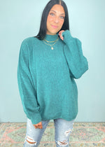 'Mabel' Mermaid Green Mock Neck Balloon Sleeve Soft Sweater-We love a classic throw on and go sweater! This super soft to the touch sweater has a chic mock neck, balloon sleeves and raised seams for added detail. The effortless slouchy fit will create the perfect Fall/Winter look every time! Plus, The gorgeous mermaid green is a standout! -Cali Moon Boutique, Plainville Connecticut