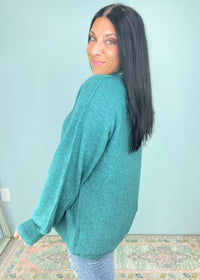 'Mabel' Mermaid Green Mock Neck Balloon Sleeve Soft Sweater-We love a classic throw on and go sweater! This super soft to the touch sweater has a chic mock neck, balloon sleeves and raised seams for added detail. The effortless slouchy fit will create the perfect Fall/Winter look every time! Plus, The gorgeous mermaid green is a standout! -Cali Moon Boutique, Plainville Connecticut
