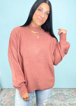 'Mabel' Rosewood Mock Neck Balloon Sleeve Soft Sweater-We love a classic throw on and go sweater! This super soft to the touch sweater has a chic mock neck, balloon sleeves and raised seams for added detail. The effortless slouchy fit will create the perfect Fall/Winter look every time! The beautiful rosewood color will match with all your Fall neutrals! -Cali Moon Boutique, Plainville Connecticut