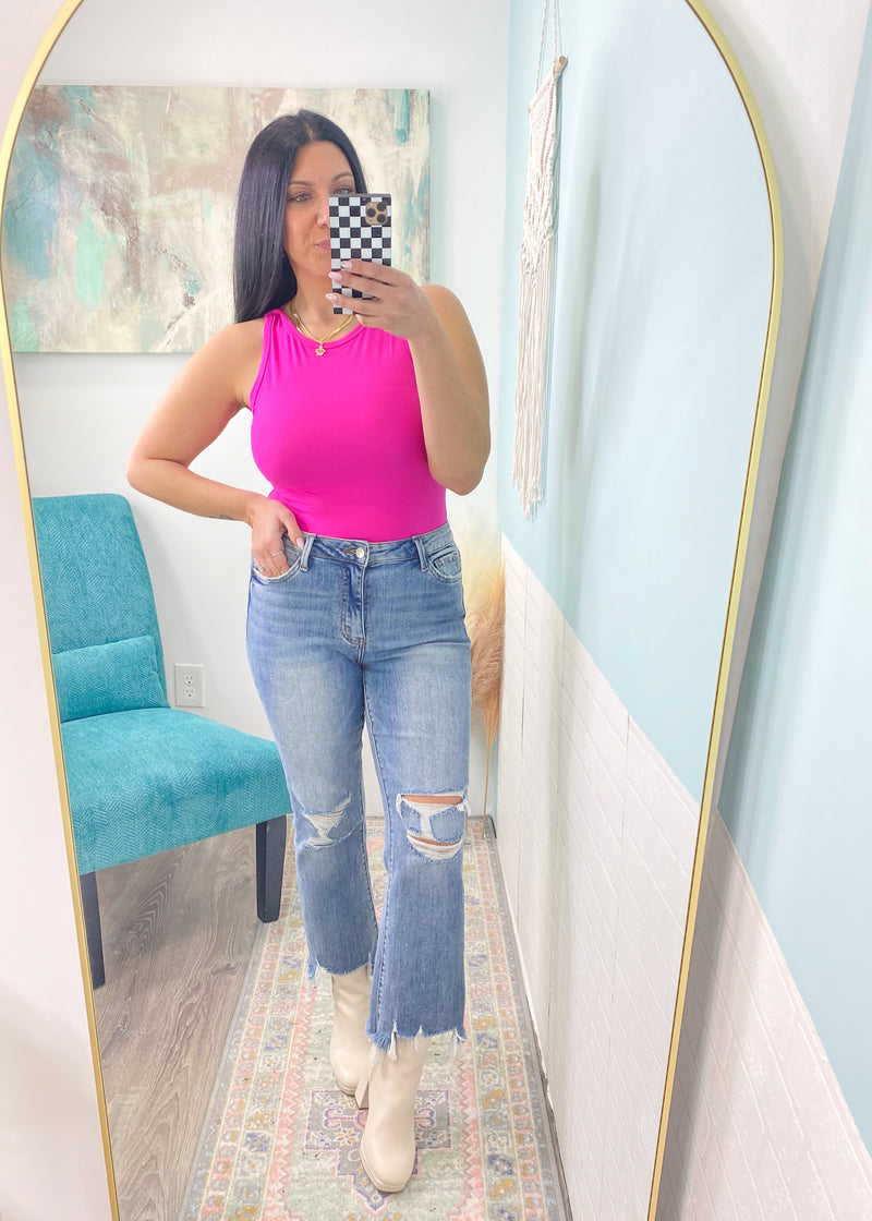 'Bonnie' Neon Hot Pink High Neck Soft Bodysuit-Spice up your shirt collection with this pink dip dyed button front. Lightweight fabric that can be worn alone for Spring/Summer &amp; layered in the Fall. Wear alone or unbuttoned as a layering piece!-Cali Moon Boutique, Plainville Connecticut