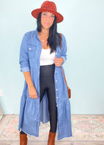'Fair Grounds' Chambray Midi Dress-Can it get any cuter than this chambray denim midi dress?! This dress is the perfect weight fabric for both Fall & Spring! Style with boots, sneakers and sandals! Add a leather jacket or a belt & layered necklaces, large brimmed hat and more for so many different looks.-Cali Moon Boutique, Plainville Connecticut