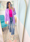 'New Bloom' Bold Lavender Blazer-Spice up your shirt collection with this pink dip dyed button front. Lightweight fabric that can be worn alone for Spring/Summer &amp; layered in the Fall. Wear alone or unbuttoned as a layering piece!-Cali Moon Boutique, Plainville Connecticut